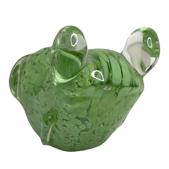 Hand Blown Glass Frog Paperweight Green and Clear Speckle Swirl Design - Picture 2 of 10